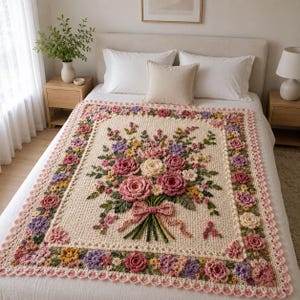 May include: A cream-colored crochet blanket featuring a central bouquet of three-dimensional pink, cream, and purple flowers with green leaves and a tied ribbon. The border is decorated with a continuous pattern of colorful crocheted flowers.