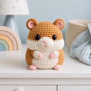以下が含まれることがあります： ベージュと白の毛糸で編まれた、丸い形の小さなハムスターのぬいぐるみ。黒いプラスチック製の目、ピンクの刺繍が施された鼻、耳と手足にピンクのアクセントがあり、密度の高い編み目で丁寧に作られています。