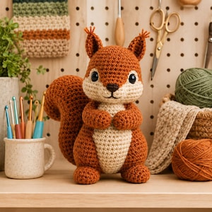 Patrón de amigurumi de ardilla a crochet en PDF. Tutorial de animales del bosque. Ideal para principiantes. Guía visual con letra grande.