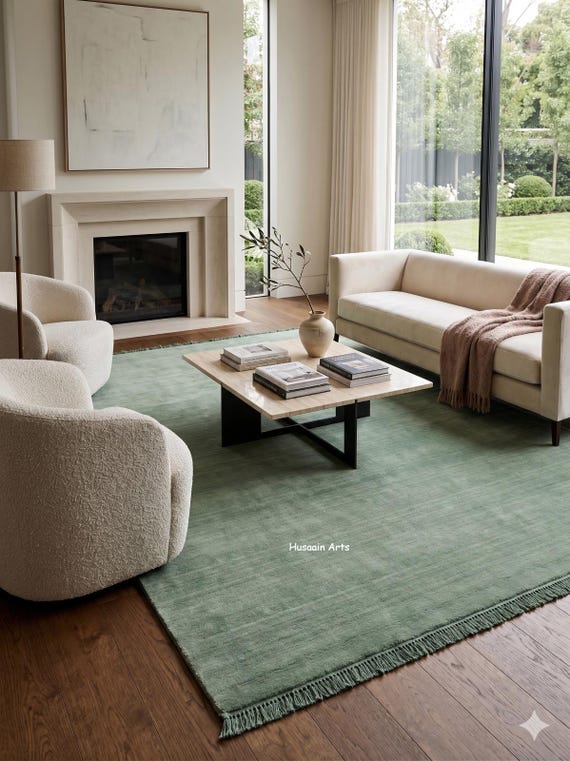 Trendiger Handwebteppich Salbeigrün | Unifarbener Skandi Teppich mit Fransen | Moderner Boho Teppich Wohnzimmer & Schlafzimmer.