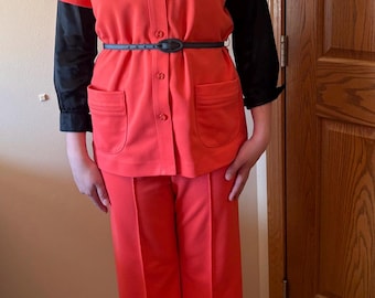 Vintage 70s/80s Koret Kolortron Coral Orange Pantsuit – Button-Up Top + Wide Leg Pants