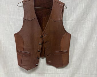 Chaleco vaquero vintage de cuero marrón – Botones de níquel de búfalo – Talla M para hombre