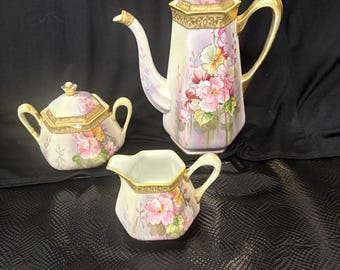 Ensemble à thé vintage en porcelaine du Nippon peint à la main, théière, crémier à sucre, bordure hexagonale en or, années 20