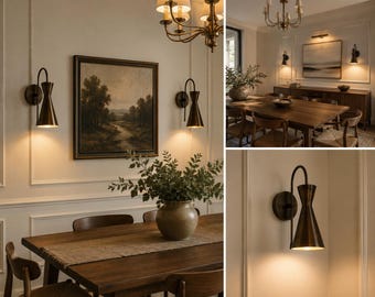 Modern Brass Cone Wall Sconce | Mid Century Dining Room Lamp Fixture