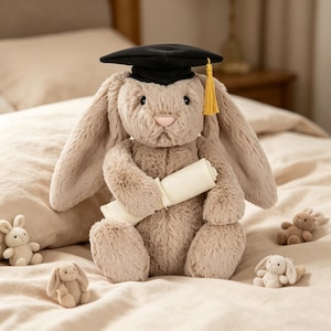 Op de afbeelding: Een zacht, lichtbruin konijn met een zwarte afstudeerhoed met een gele kwast, die een opgerolde rol vasthoudt. Verschillende kleinere konijnenknuffels zijn verspreid rond de grotere, allemaal op een bed.