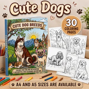Dog Coloring Book, Cute Puppy Breed Pages, Printable Kids Activity Sheets, Birthday Gift for Pet Lovers, Animal Lover Christmas Present