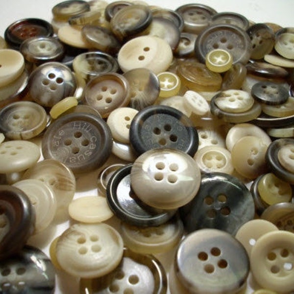 50 Mixed MEDIUM and LARGE Neutral Buttons, Dark Brown, Tan, Beige, Gray, Black, White, and Pearl White - solid/variegated mix