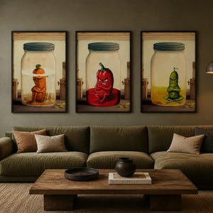 May include: Three framed art prints showing anthropomorphic vegetables in jars. A carrot, a red pepper, and a cucumber are depicted with expressive faces. The jars have blue lids and are set against a neutral background.