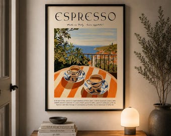 May include: Framed art print featuring the word "Espresso" above a scenic Italian coastal view. Two cups of coffee sit on a striped table. The print includes the text "Made in Italy, buon appetito!"