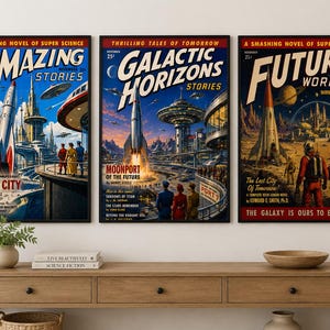 以下が含まれることがあります： 「Amazing Stories」、「Galactic Horizons Stories」、「Future Worlds」と題された、ヴィンテージスタイルのSF雑誌ポスター3枚セット。各ポスターには、ロケット、宇宙都市、宇宙飛行士を描いたカラフルでレトロフューチャーなイラストが施されています。