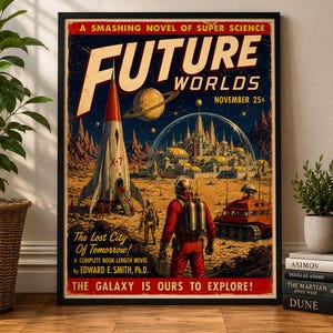 May include: A framed vintage-style science fiction poster titled Future Worlds, featuring a rocket ship, a domed city, a planet with rings, and an astronaut in a red suit standing on a rocky landscape with the text The Lost City Of Tomorrow.