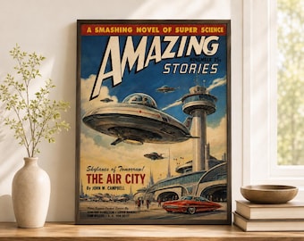 May include: A framed vintage science fiction magazine cover titled Amazing Stories, featuring a large silver flying saucer hovering over a futuristic city with a tall tower, a red car, and the text The Air City by John W. Campbell.