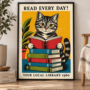 Vintage kattläsande poster, retro väggkonst för bibliotek, dekoration för bokälskare