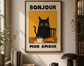 Le Chat Noir-poster: Bonjour Mon Amour zwarte kat gele kunstafdruk