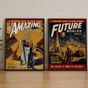 Retro Sci-Fi-tidningsomslagsaffisch, vintage rymdkonst, fantastiska berättelser