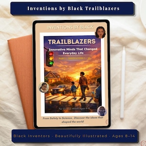 May include: A digital tablet displays the cover of a book titled "Trailblazers: Innovative Minds That Changed Everyday Life." The cover art features a sunset scene with people crossing a street. Text includes "Inventions by Black Trailblazers."