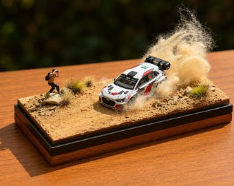 Diorama di rally con effetto polvere, teca in acrilico, scena in miniatura realizzata a mano