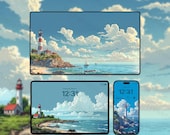 iphone wallpaper Coastal Lighthouse Set for, iPad & MacBook High Resolution Background Ocean Wallpaper Pack Digital Download