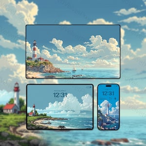 May include: Digital art print featuring a coastal scene with a lighthouse, ocean, and sky. The image is displayed on a laptop, tablet, and smartphone. The time 12:31 is displayed on the tablet and smartphone screens.