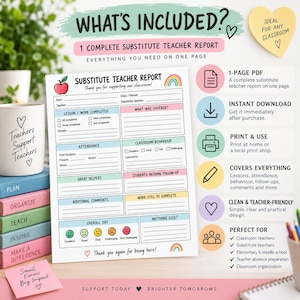 May include: A printable substitute teacher report form featuring sections for lesson completion, attendance, classroom behavior, and student notes. The document includes a colorful design with an apple and rainbow icon, plus a list of features.