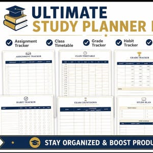 Pode incluir: Ultimate Study Planner Bundle com uma coleção de modelos PDF imprimíveis, incluindo rastreador de tarefas, horário de aulas, rastreador de notas, rastreador de hábitos, contagem regressiva para exames e plano de estudos para organização.