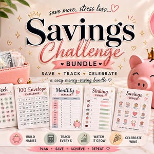 May include: A savings challenge bundle featuring five printed trackers including a 52-week challenge, 100-envelope challenge, monthly tracker, sinking funds, and savings bingo. Includes a pink piggy bank, a pink cash wallet, and gold coins.
