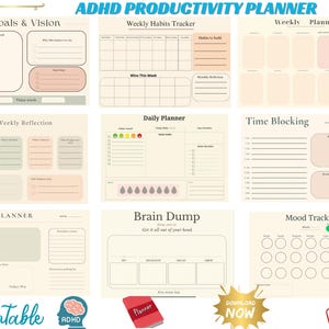Könnte beinhalten: Ein ADHD-Produktivitätsplaner-Set mit neun verschiedenen Vorlagen in sanften Pastelltönen. Die Abschnitte umfassen Ziele und Vision, wöchentlicher Gewohnheits-Tracker, Wochenplaner, wöchentliche Reflexion, Tagesplaner, Zeitblockierung, Fokus-Planer, Brain Dump und Stimmungs-Tracker.