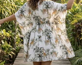 Kaftán de algodón con estampado animal / Cubrebaño de playa talla única / Tallas grandes