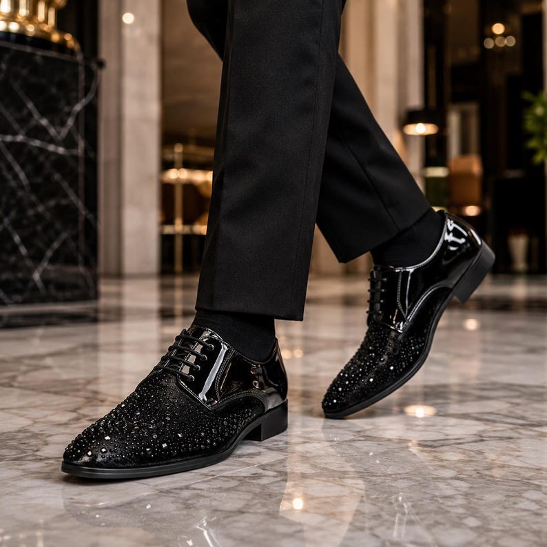 Men's Black Glitter Derby Dress Shoes | Luxury Wedding Party Shoes | Patent Leather Formal Shoes | Rhinestone Evening Footwear