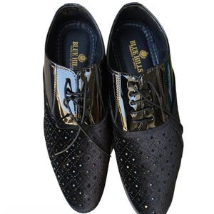 Men's Black Glitter Derby Dress Shoes | Luxury Wedding Party Shoes | Patent Leather Formal Shoes | Rhinestone Evening Footwear