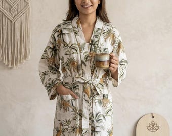 Hand Block Print Cotton Bathrobe for Women | Eco Friendly Kimono Robe | Soft Lightweight | Tropical Print Lounge Wear | Gift for Her