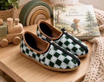 Handmade Kids Green White Checkered Jutti, Indian Ethnic Shoes for Girls & Boys, Comfortable Slip-On Flats, Festival Wedding Footwear
