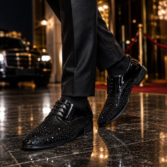 Men's Black Glitter Derby Dress Shoes | Luxury Wedding Party Shoes | Patent Leather Formal Shoes | Rhinestone Evening Footwear