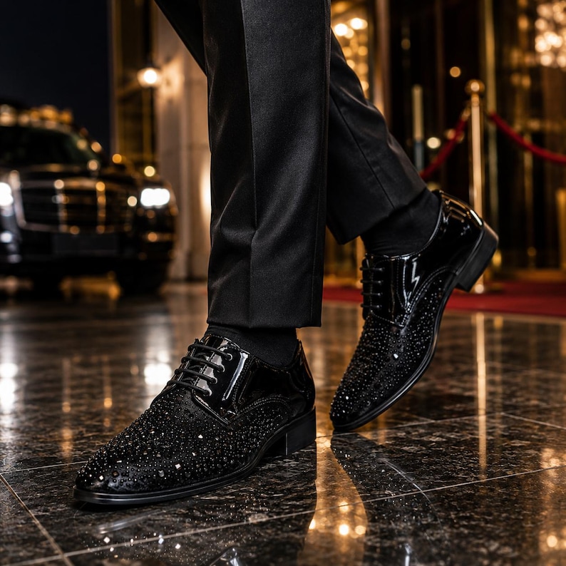 Men's Black Glitter Derby Dress Shoes | Luxury Wedding Party Shoes | Patent Leather Formal Shoes | Rhinestone Evening Footwear