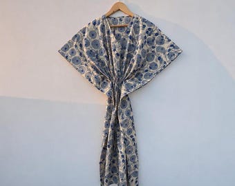 Niebieska bawełniana sukienka kaftan z kwiatowym wzorem dla kobiet, sukienka kaftan z nadrukiem blokowym, narzutka plażowa w stylu boho, regulowana talia, sukienka wypoczynkowa, prezent na wakacje