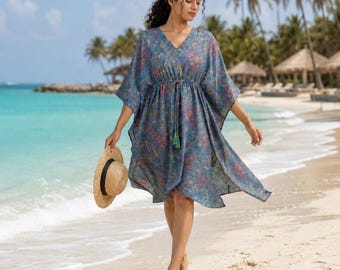 Blaues Kaftan-Kleid für Frauen, Strandüberzug, Boho-Resortabnutzung, lockerer Sommer-Kaftan, Urlaubsoutfit, Baumwoll-Tunika-Kleid