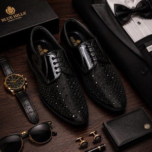 Men's Black Glitter Derby Dress Shoes | Luxury Wedding Party Shoes | Patent Leather Formal Shoes | Rhinestone Evening Footwear