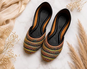 Colorful Embroidered Handmade Leather Mules for Women | Boho Ethnic Slip-On Flats | Indian Artisan Jutti | Festival & Casual Shoes
