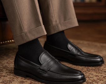Mocasines de cuero genuino para hombre / Zapatos de vestir negros sin cordones hechos a mano / Zapatos formales cómodos para la oficina / Calzado clásico de negocios /