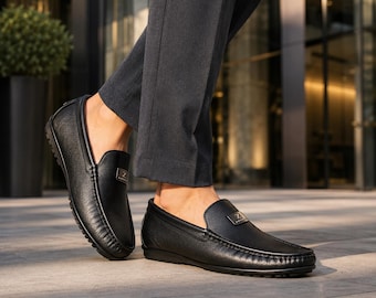 Black Leather Loafers for Men, Handmade Slip On Dress Shoes, Classic Driving Moccasins, Business Casual Office Footwear, Gift for Him