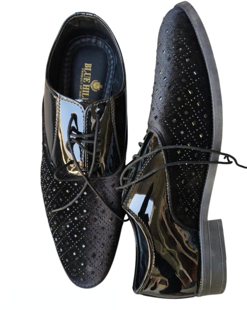 Men's Black Glitter Derby Dress Shoes | Luxury Wedding Party Shoes | Patent Leather Formal Shoes | Rhinestone Evening Footwear