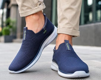 Męskie granatowe, wsuwane buty do chodzenia, lekkie, dzianinowe trampki, wygodne mokasyny, oddychające buty na co dzień, obuwie podróżne