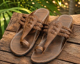 Braune Ledersandalen für Herren, handgefertigte geflochtene Zehenringsandalen, echtes Leder Flip Flops, Boho Lederschuhe, lässige Urlaubsschuhe,