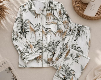 Women's Safari Print Cotton Pajama Set, Tropical Jungle Sleepwear, Long Sleeve Button Up PJ Set, Soft Lounge Set Gift for Her
