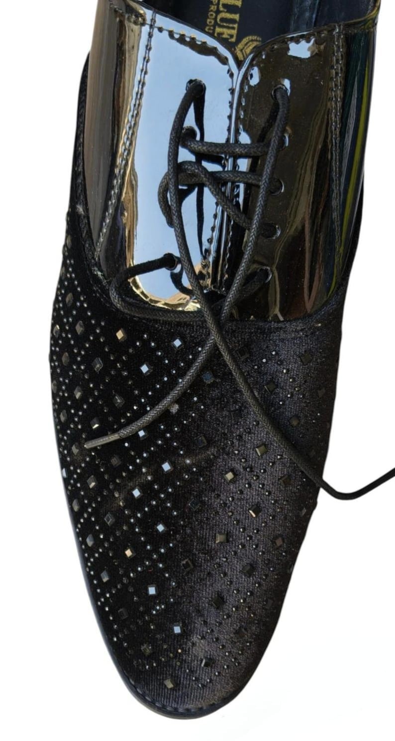 Men's Black Glitter Derby Dress Shoes | Luxury Wedding Party Shoes | Patent Leather Formal Shoes | Rhinestone Evening Footwear