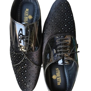 Men's Black Glitter Derby Dress Shoes | Luxury Wedding Party Shoes | Patent Leather Formal Shoes | Rhinestone Evening Footwear