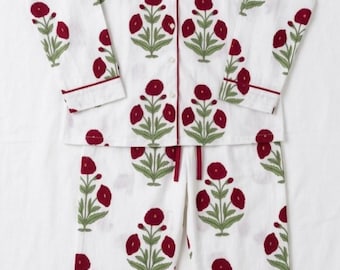 Women’s Cotton Night Suit Set, Floral Printed Pajama Set, Soft Breathable Sleepwear, Button Down Nightwear, Comfortable Loungewear Set