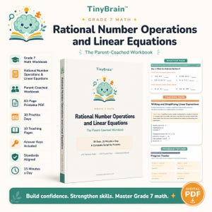 May include: A Grade 7 math workbook titled Rational Number Operations and Linear Equations by TinyBrain. The cover features a brain illustration, and the set includes a practice page, teaching page, progress tracker, and a list of 83-page printable PDF features.