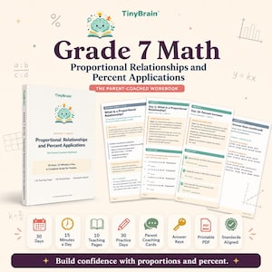 May include: A Grade 7 Maths workbook titled Proportional Relationships and Percent Applications by TinyBrain. The set includes a softcover book and sample interior pages showing teaching scripts, practice problems, and answer keys for parents.