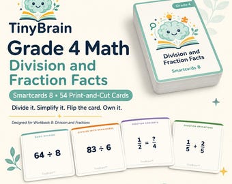 Tarjetas inteligentes (digitales) de matemáticas para cuarto grado: división y operaciones con fracciones.